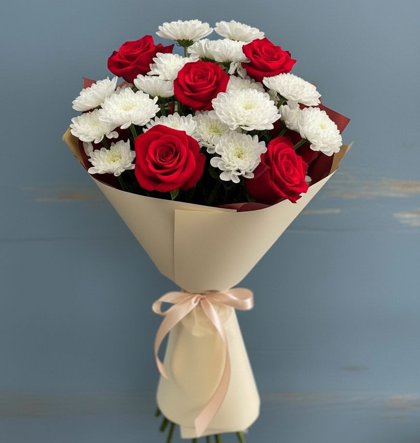 Букет цветов из: Розы и Хризантемы в Новокасторное