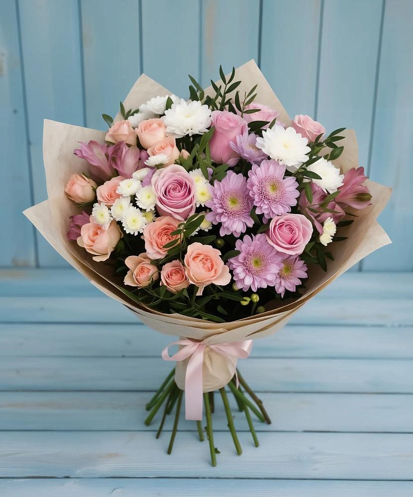 Букет цветов из: Хризантемы, Розы и Альстромерии в Новокасторное
