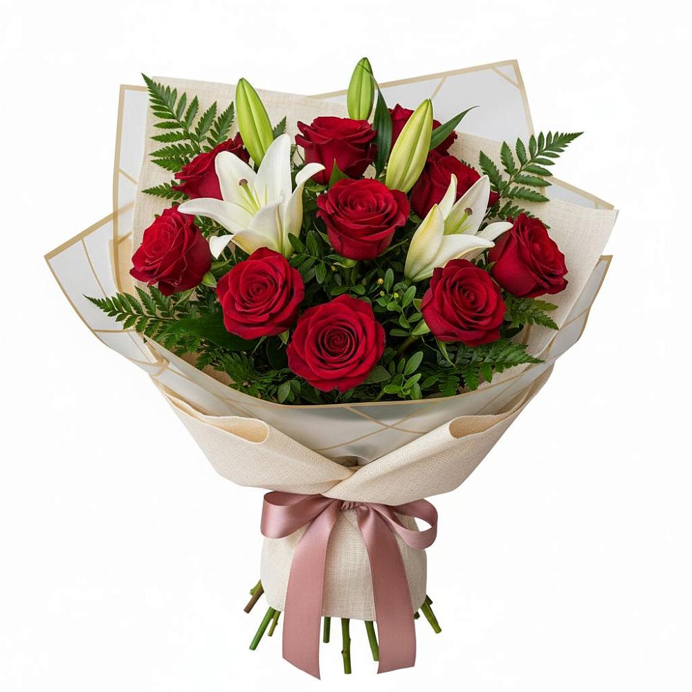 Букет цветов из: Лилии и Розы в Новокасторное