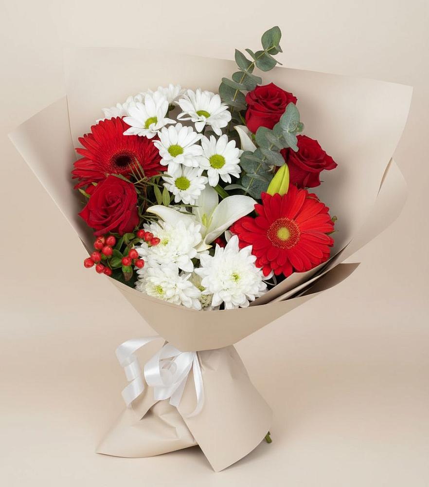 Букет цветов из: Розы, Хризантемы, Герберы и Лилии в Новокасторное