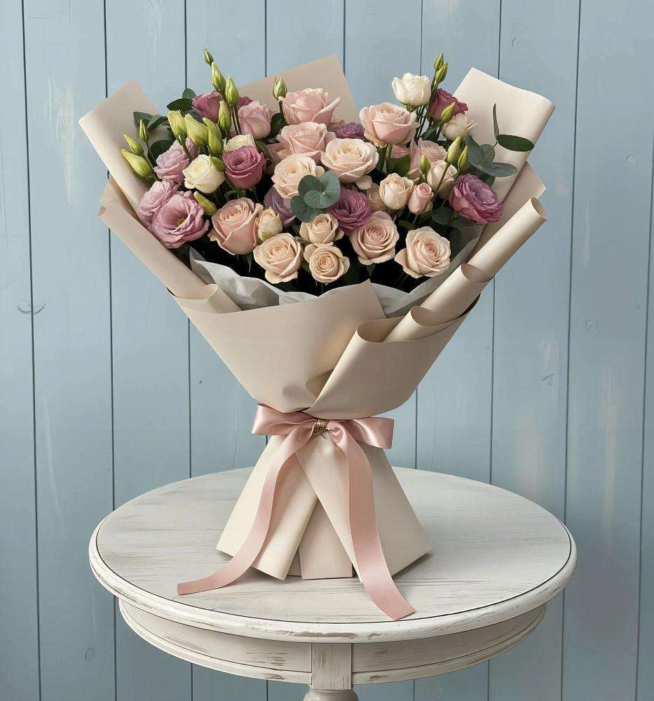 Букет цветов из: Розы и Лизиантусы в Новокасторное