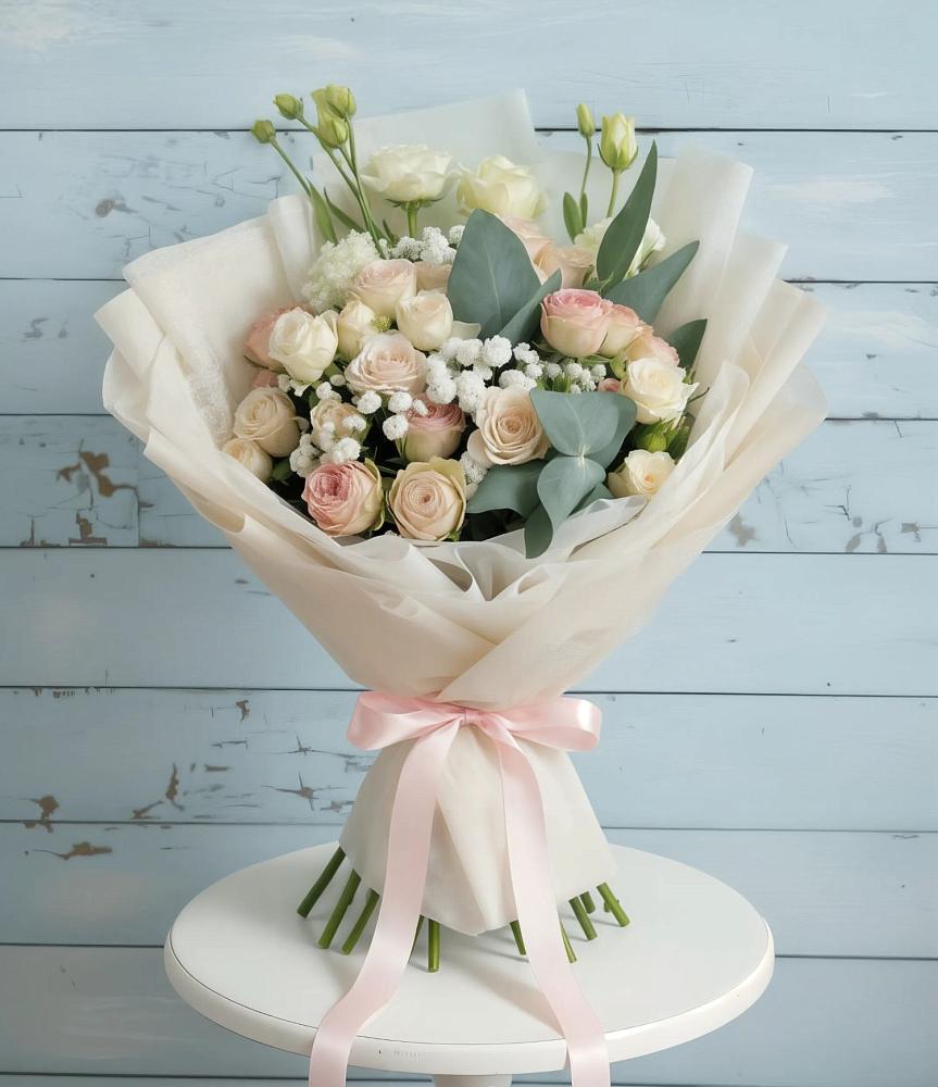 Букет цветов из: Розы и Лизиантусы в Новокасторное