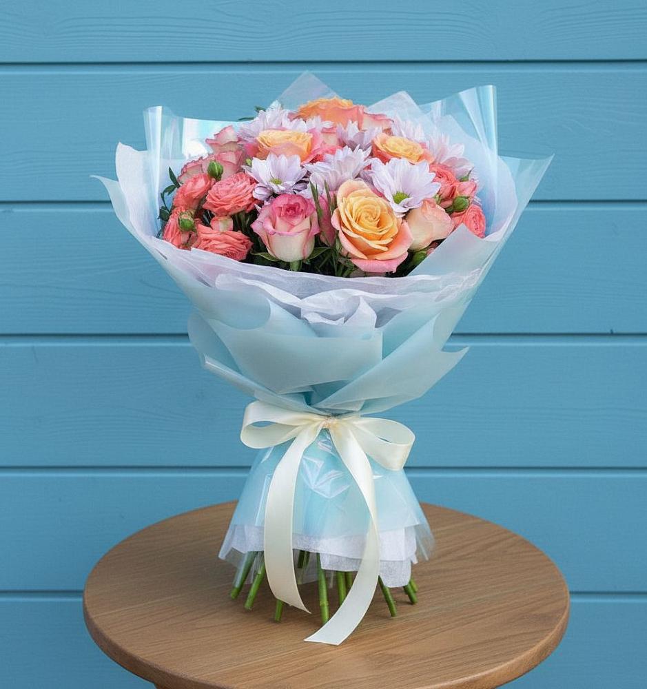 Букет цветов из: Хризантемы и Розы в Новокасторное