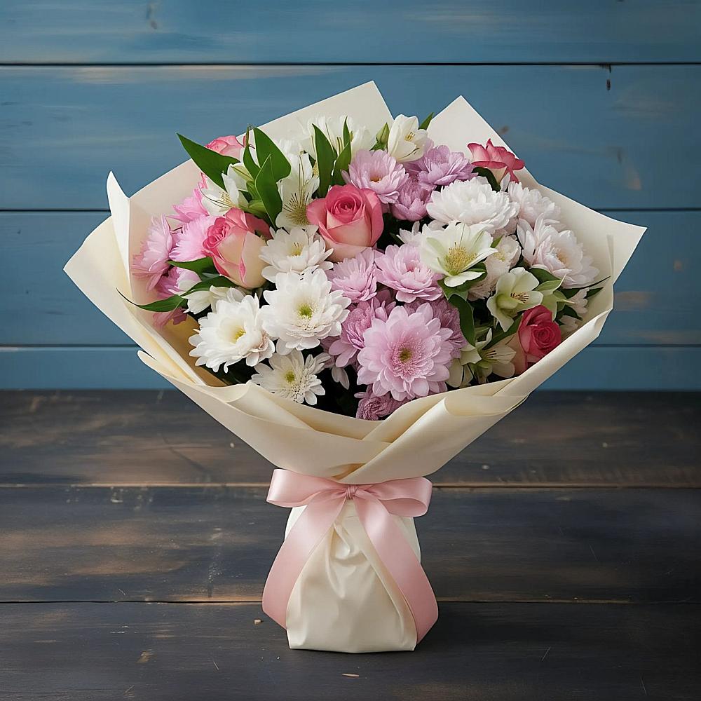 Букет цветов из: Хризантемы, Альстромерии и Розы в Новокасторное